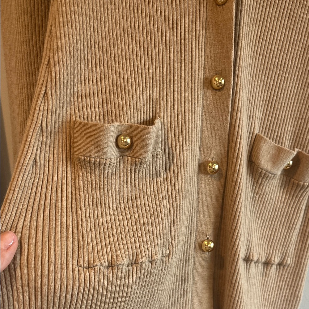 Banana Republic Camel Ribbed Button-Front Cardigan w/ Tie - Picture 3 of 7